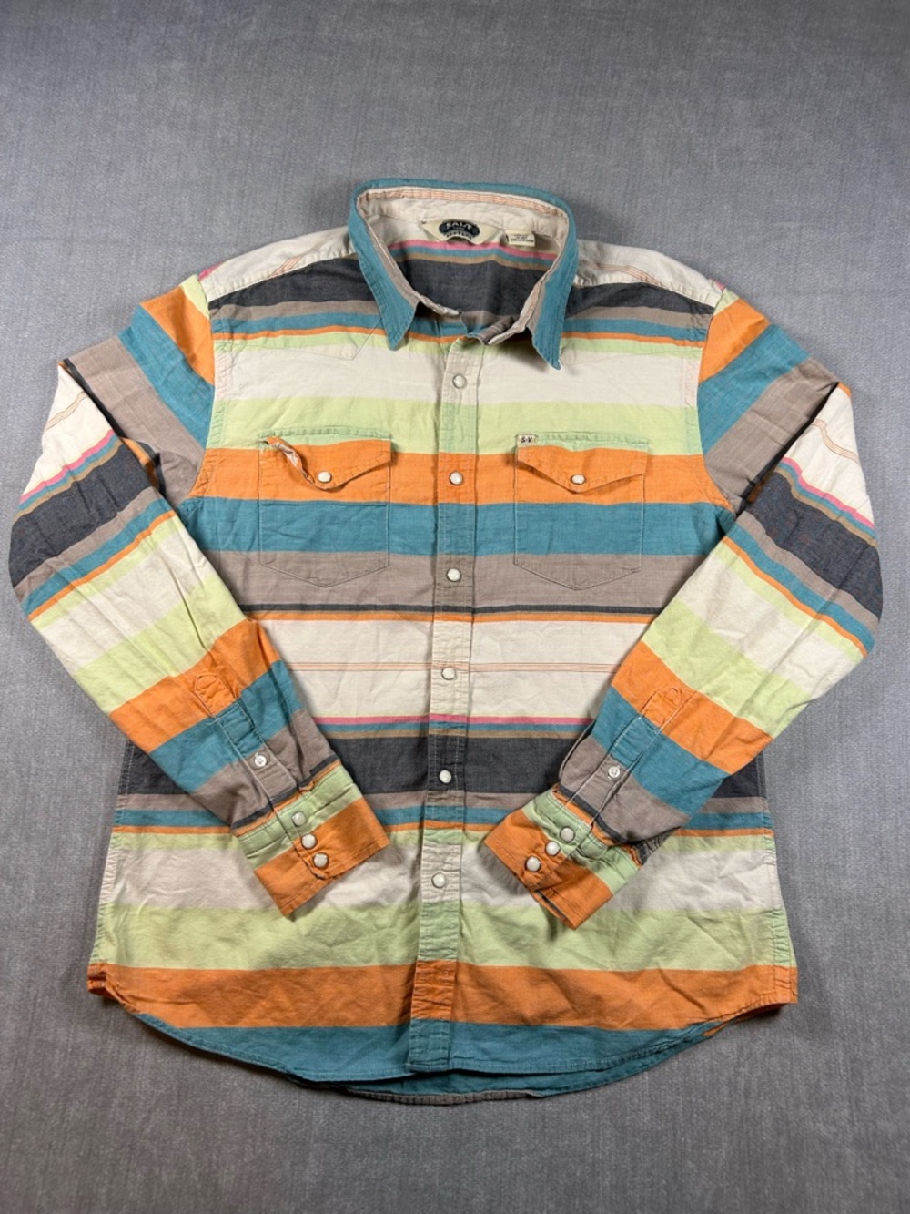 Salt Valley Western Striped Pearl Snaps Teal, Orange & Lime size Large